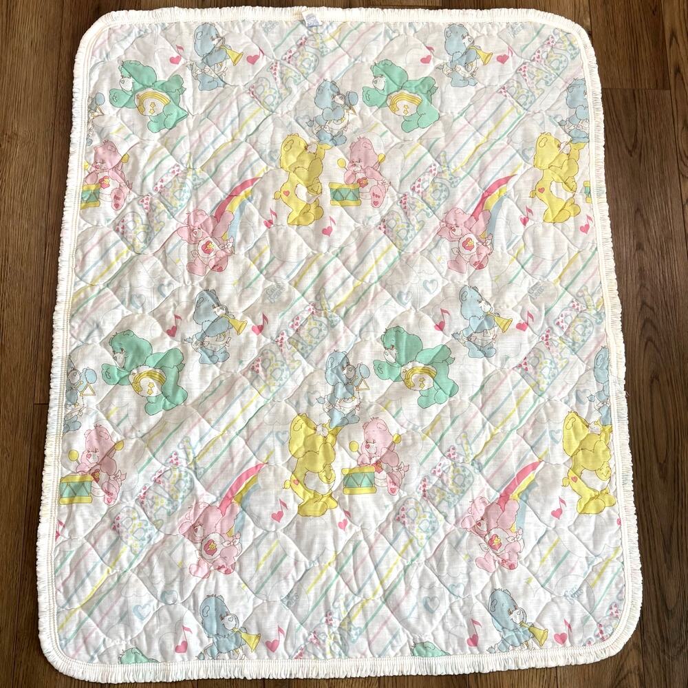 Vintage Curity Care Bears Baby Crib Quilted Blanket Musical Notes 80's Pastel